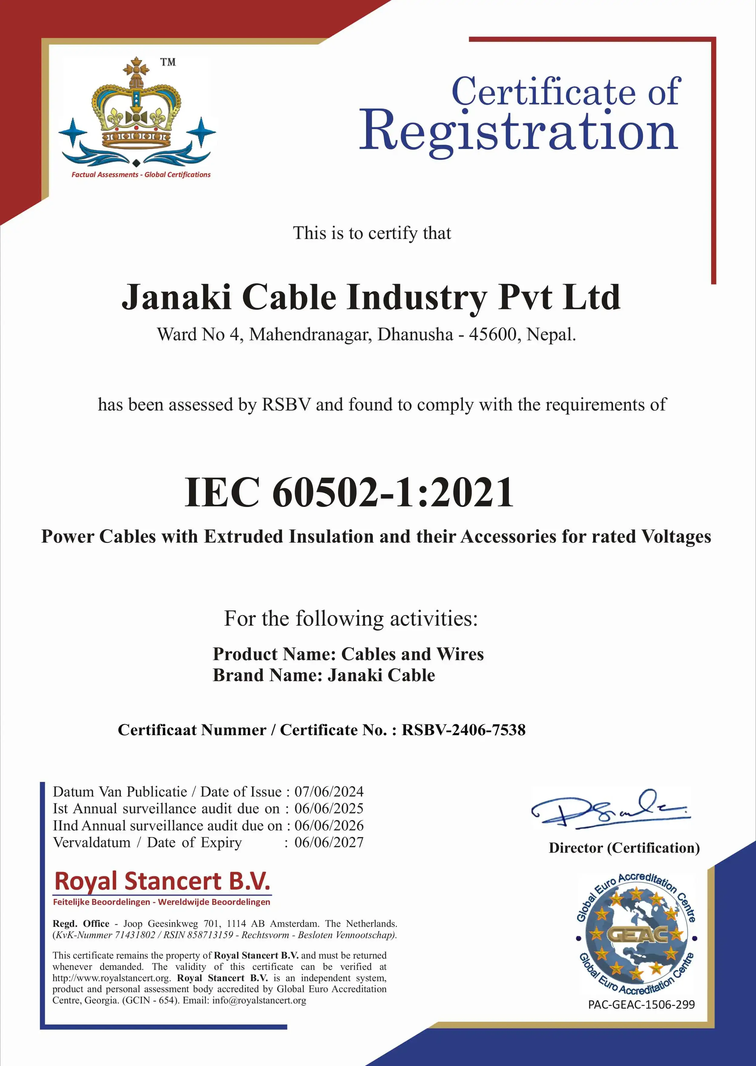 IEC Certification 60502-1:2021